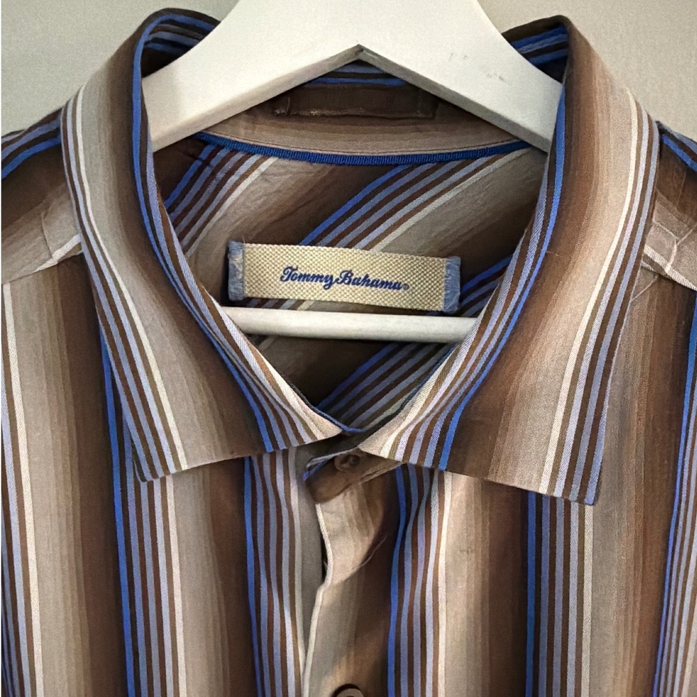 Tommy Bahama Mens‎ 2XB Brown Blue Striped Cotton Silk Long Sleeve Button Shirt